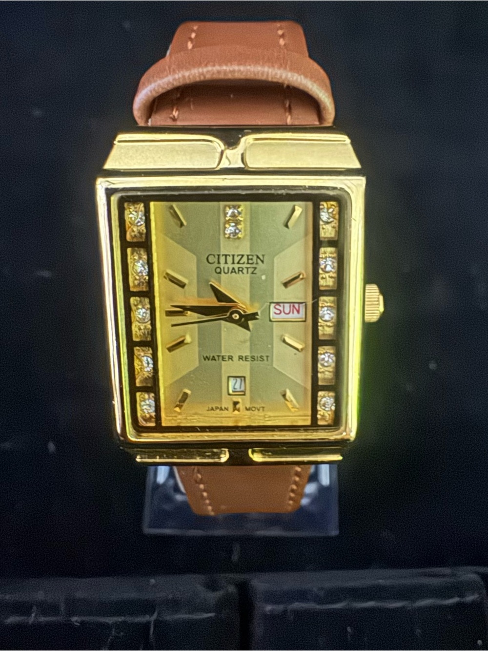 Citizen Gold Rectangular Watch with Brown Strap and Crystal Accents